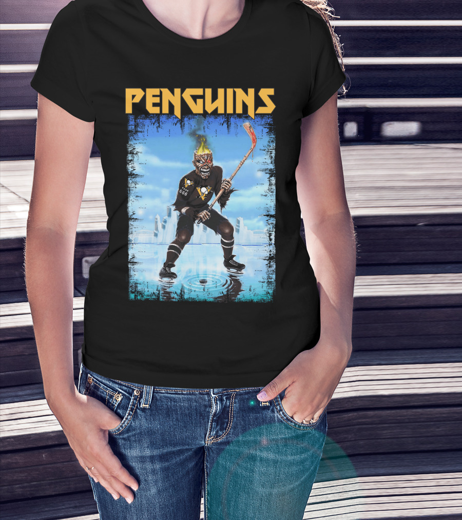 Penguins Hockey Skeleton With Flaming Skull And Hockey Stick In Pittsburgh Skyline T-Shirt