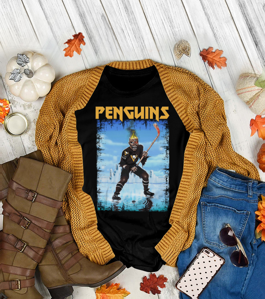 Penguins Hockey Skeleton With Flaming Skull And Hockey Stick In Pittsburgh Skyline T-Shirt