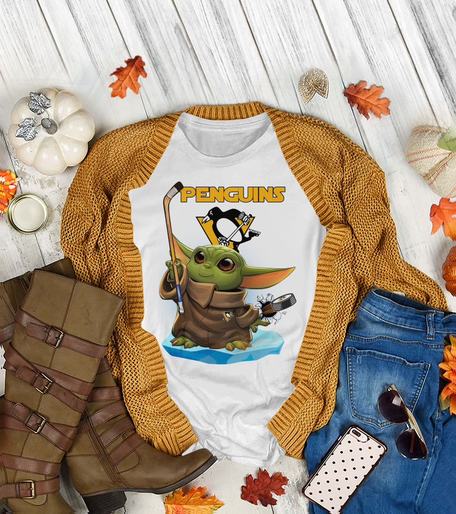 Baby Yoda Holding Hockey Stick With Pittsburgh Penguins T-Shirt