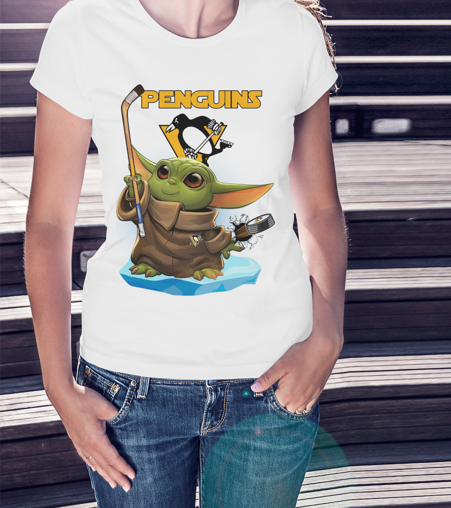 Baby Yoda Penguins Puck And Hockey Stick With Pittsburgh Penguins T-Shirt