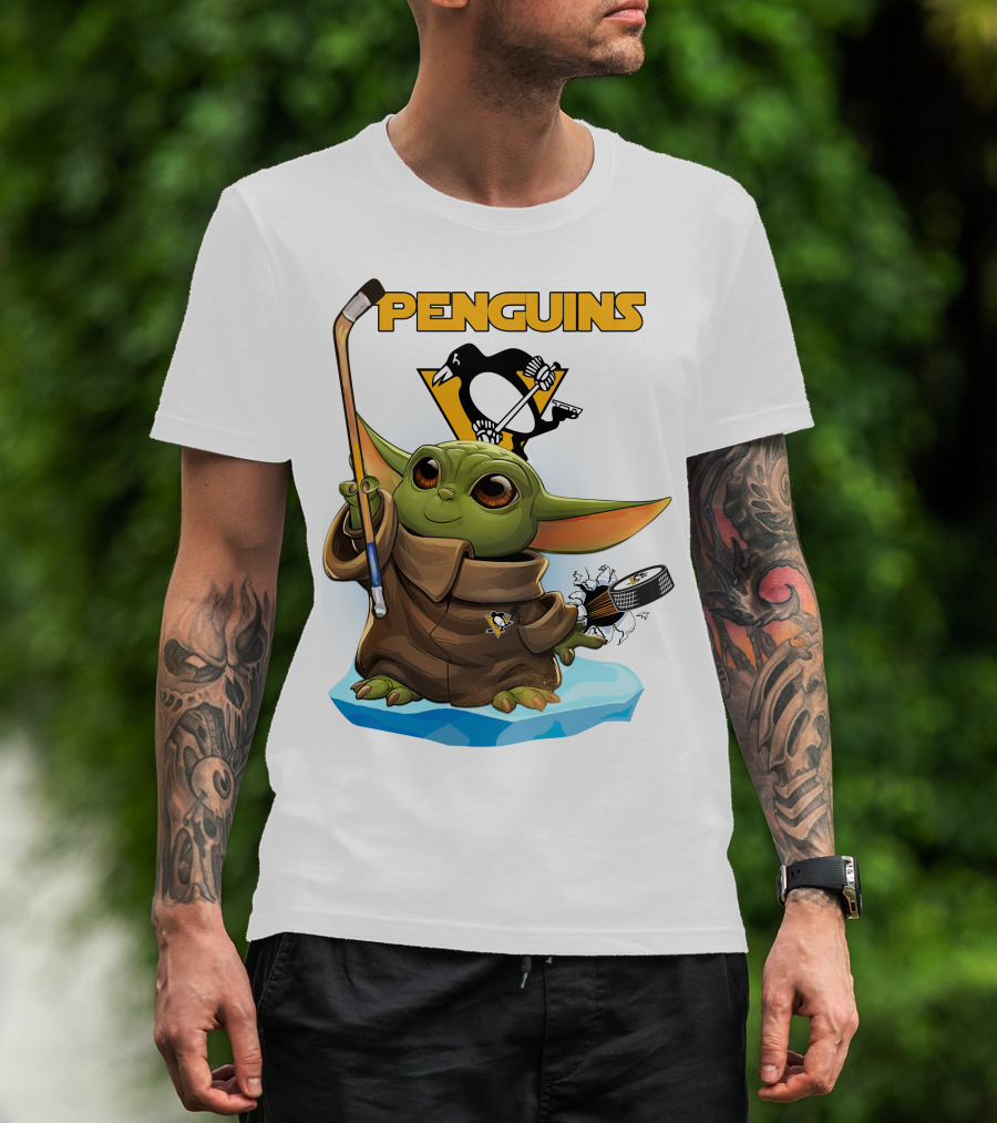Baby Yoda Penguins Puck And Hockey Stick With Pittsburgh Penguins T-Shirt