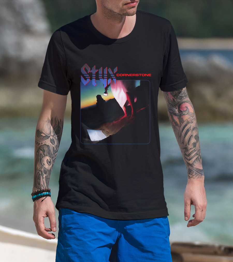 Styx Cornerstone Album Cover Art With Figure Holding Lantern At Sunset T-Shirt