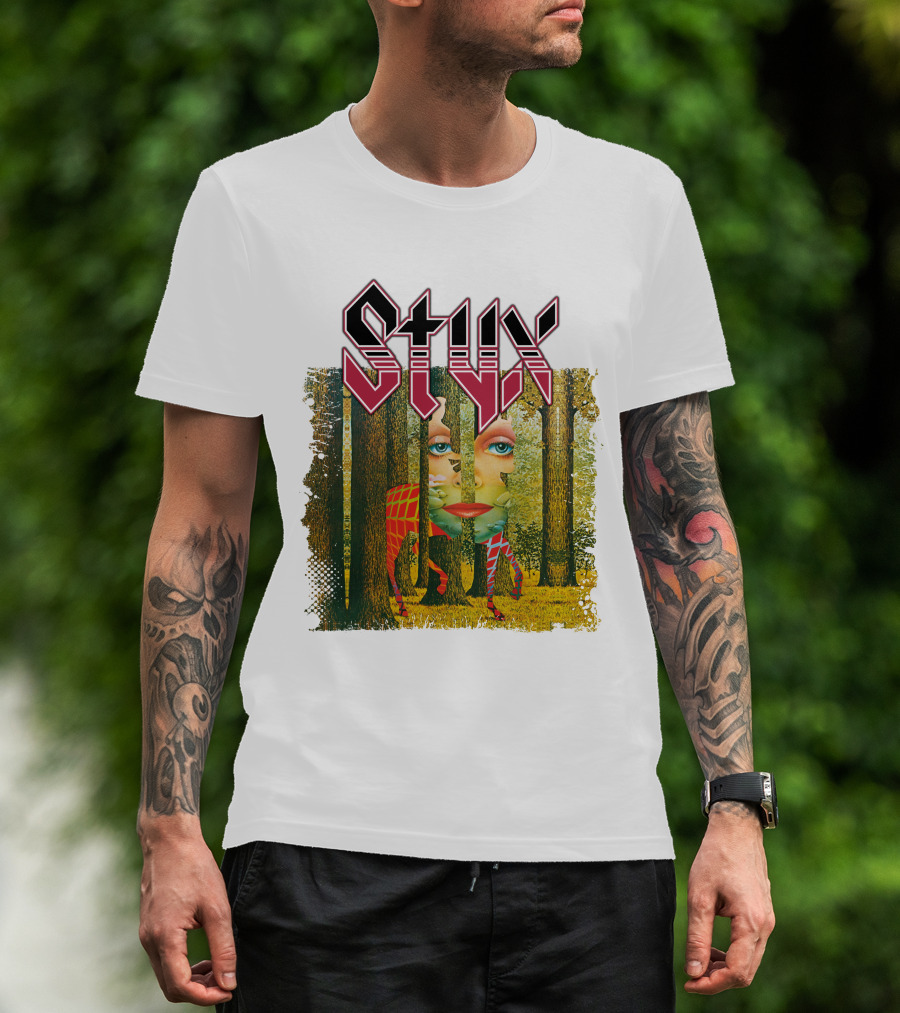 Styx Forest Face With Stylized Red Typography T-Shirt