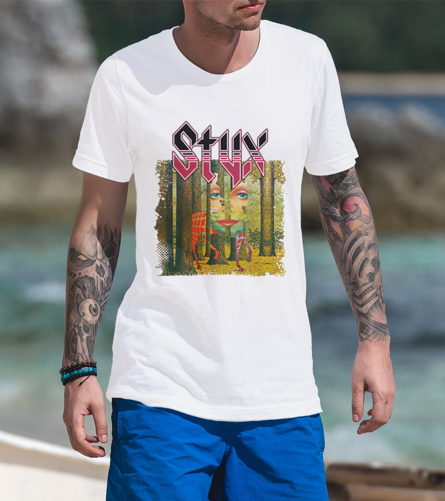 Styx Forest Face With Stylized Red Typography T-Shirt