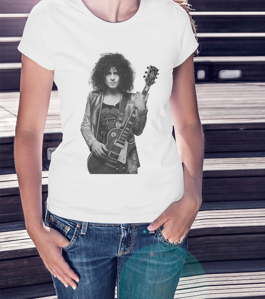 Marc Bolan With Gibson Les Paul Guitar Iconic Black And White T-Shirt