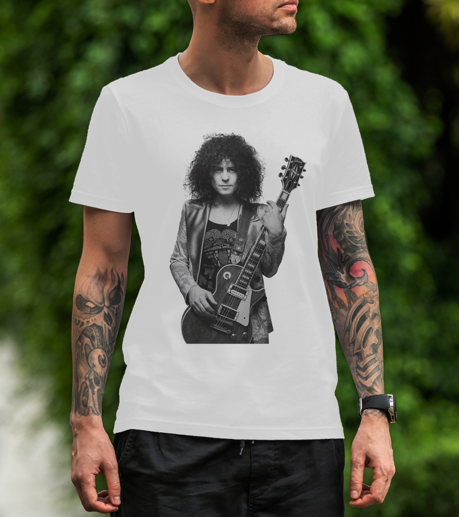 Marc Bolan With Gibson Les Paul Guitar Iconic Black And White T-Shirt