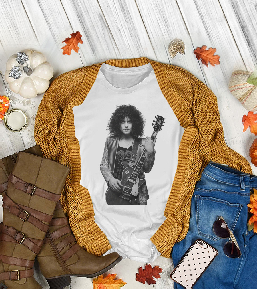 Marc Bolan With Gibson Les Paul Guitar Iconic Black And White T-Shirt