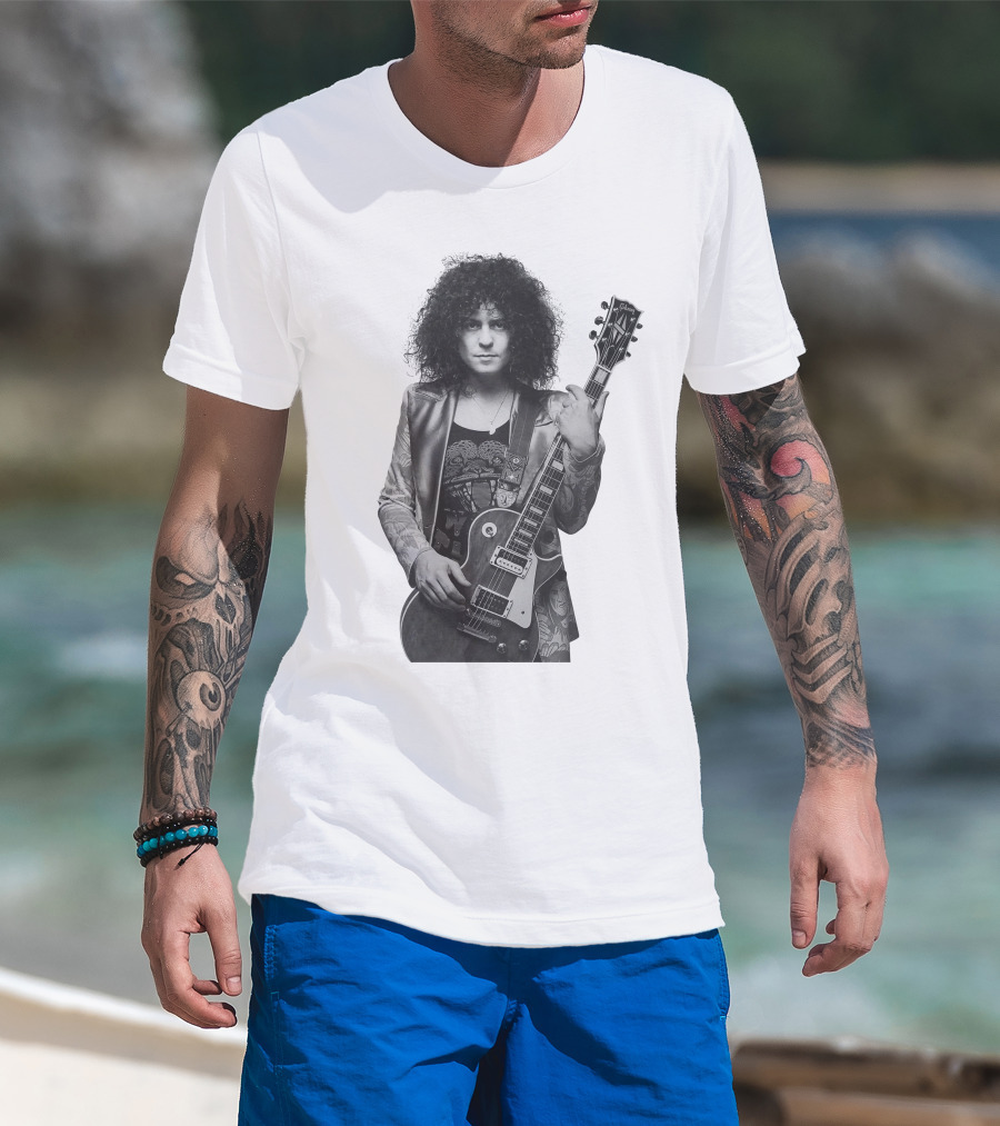 Marc Bolan With Gibson Les Paul Guitar Iconic Black And White T-Shirt