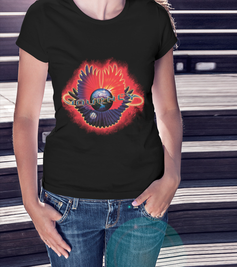 Journey Band Logo With Planet And Red-Blue Wings T-Shirt