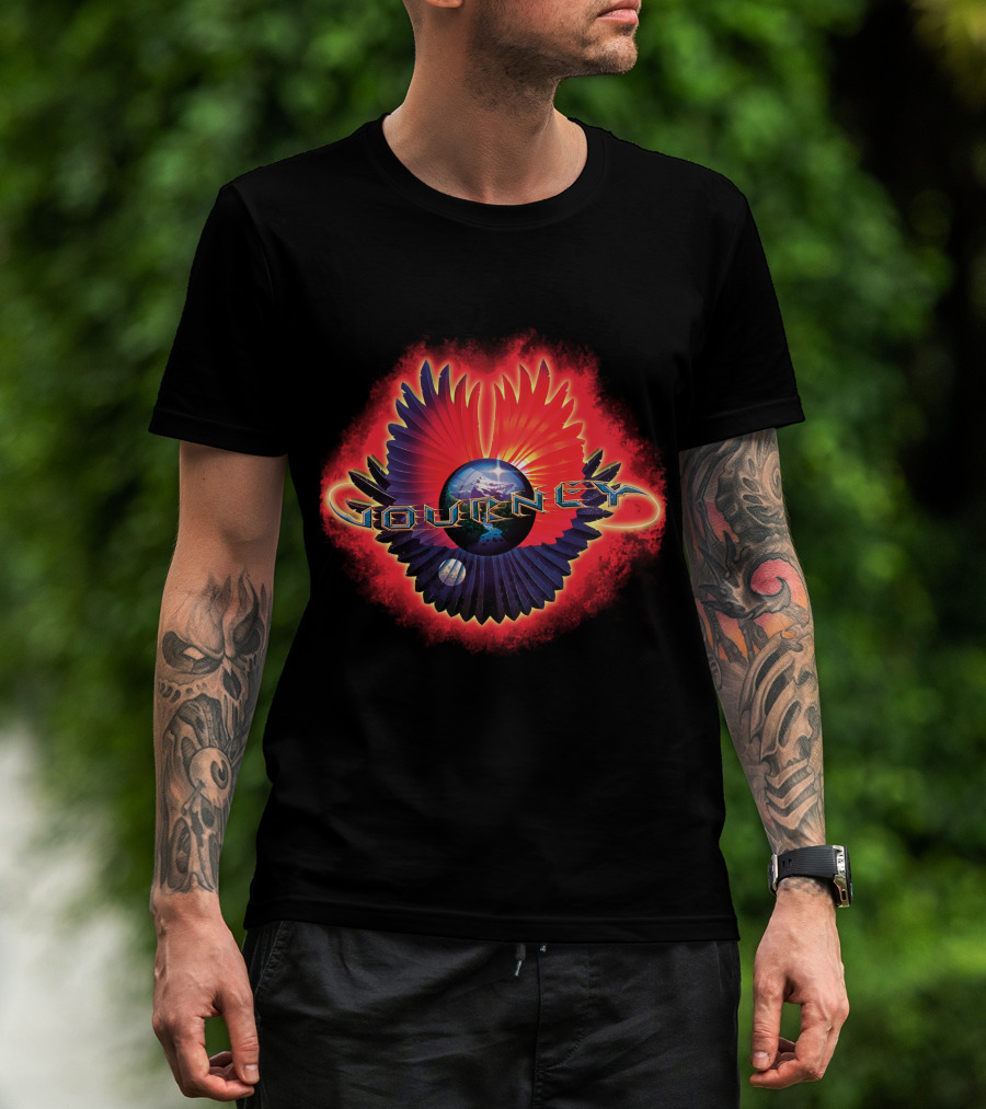 Journey Band Logo With Planet And Red-Blue Wings T-Shirt