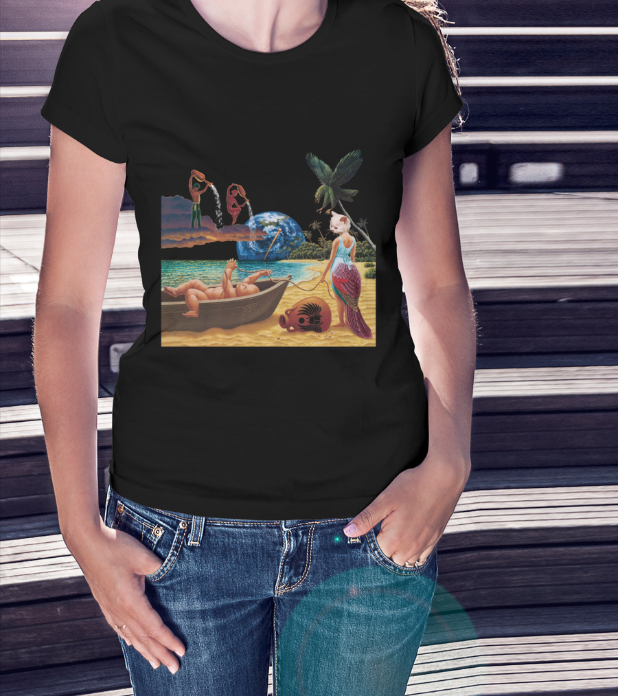 Cosmic Beach Scene With Mermaid And Planet Earth T-Shirt