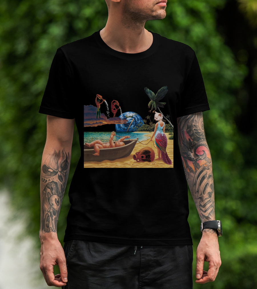 Cosmic Beach Scene With Mermaid And Planet Earth T-Shirt