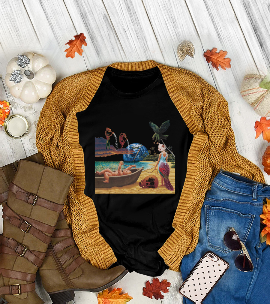 Cosmic Beach Scene With Mermaid And Planet Earth T-Shirt