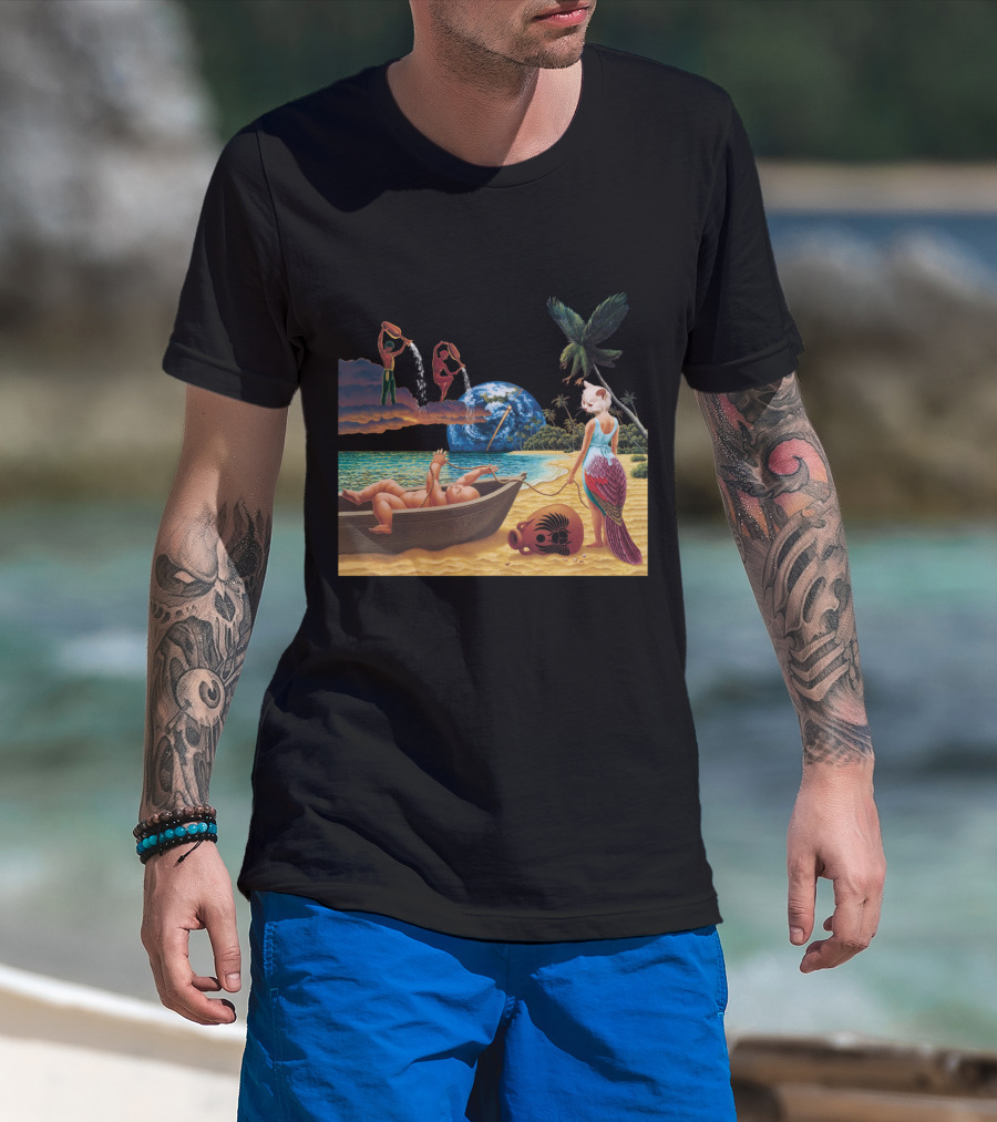 Cosmic Beach Scene With Mermaid And Planet Earth T-Shirt