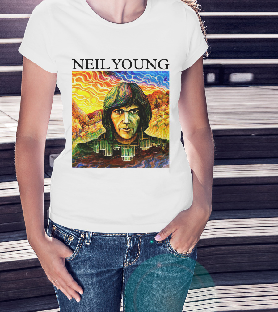 Neil Young Vibrant Portrait And Cityscape Fusion T-Shirt