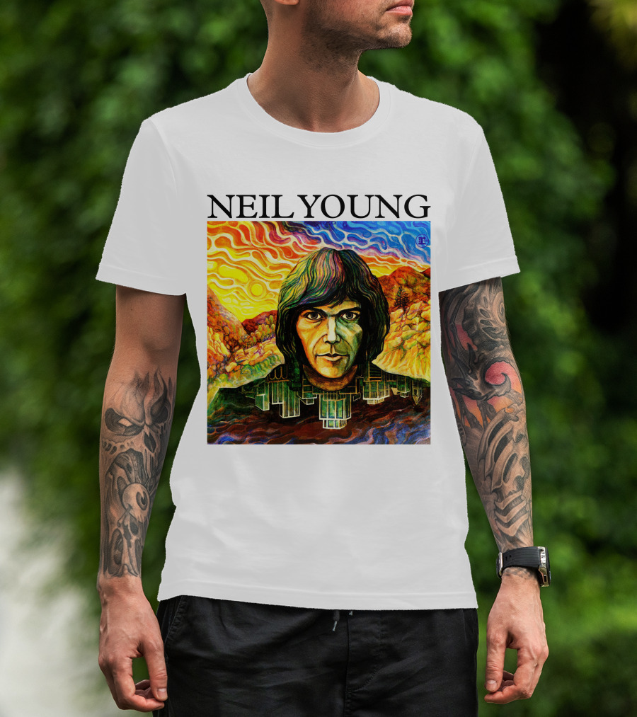 Neil Young Vibrant Portrait And Cityscape Fusion T-Shirt