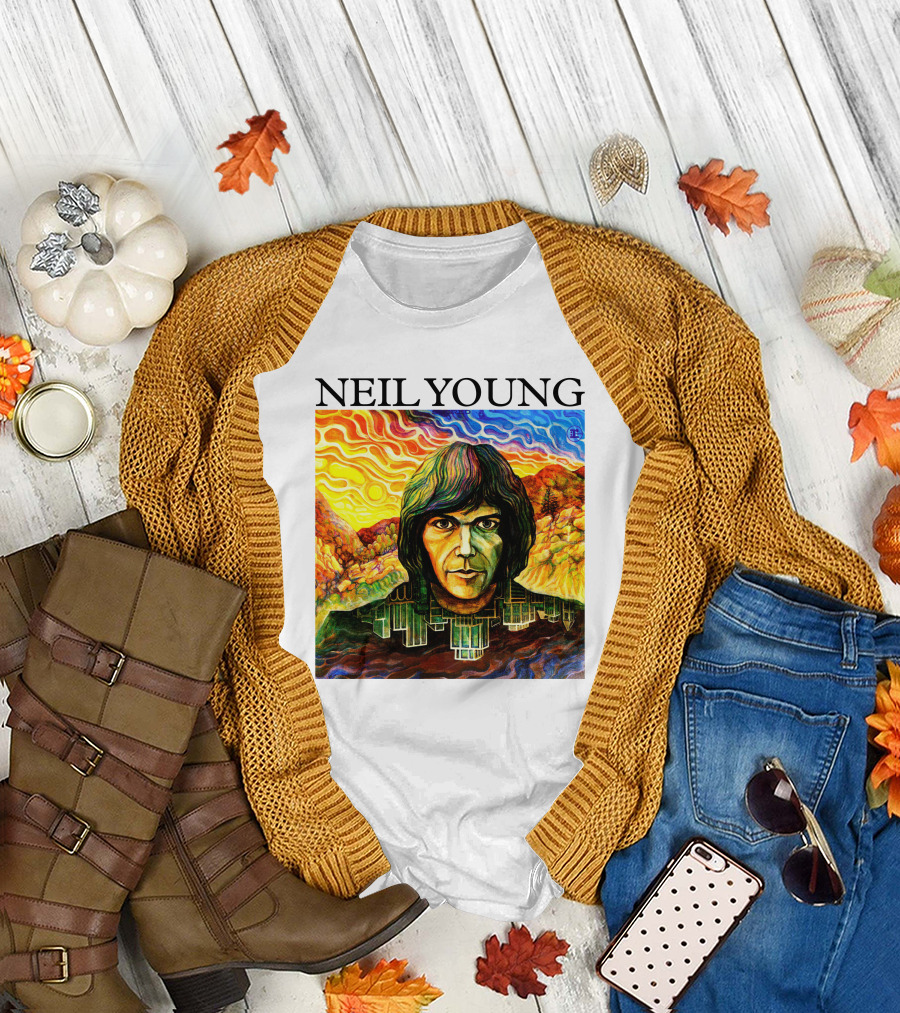 Neil Young Vibrant Portrait And Cityscape Fusion T-Shirt