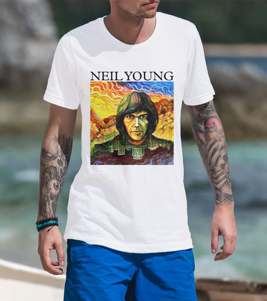 Neil Young Vibrant Portrait And Cityscape Fusion T-Shirt