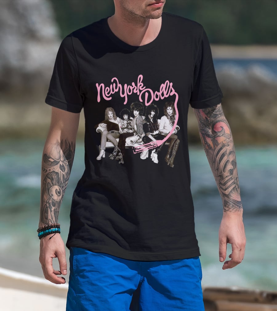 New York Dolls Band Pink Logo And Group Photo T-Shirt