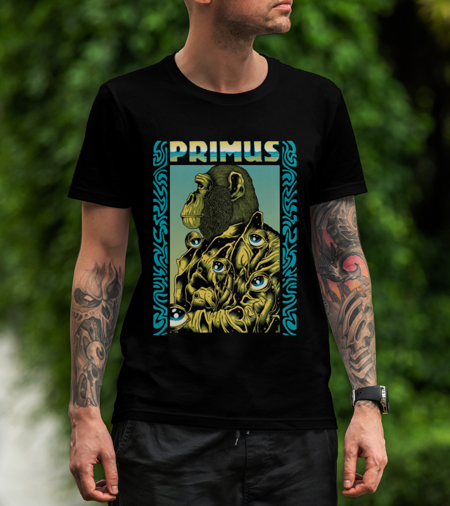 Primus Surrealist Monkey With Eyes And Tribal Border T-Shirt