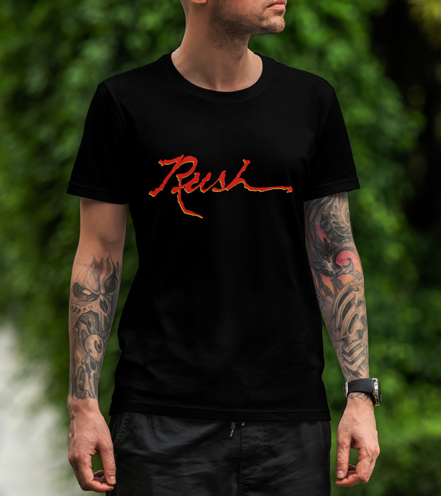 Rush Band Stylized Red And Yellow Script T-Shirt