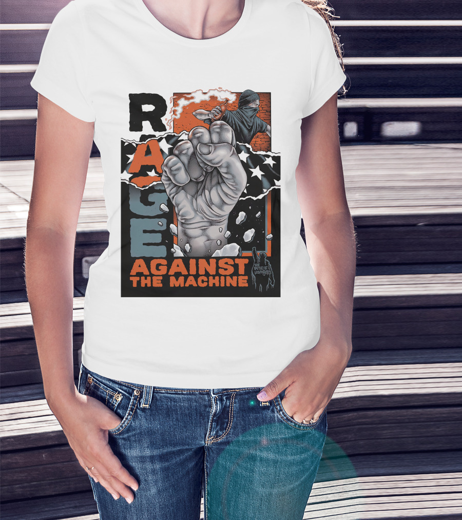 Rage Against The Machine Fist With Star Pattern And Hooded Figure T-Shirt