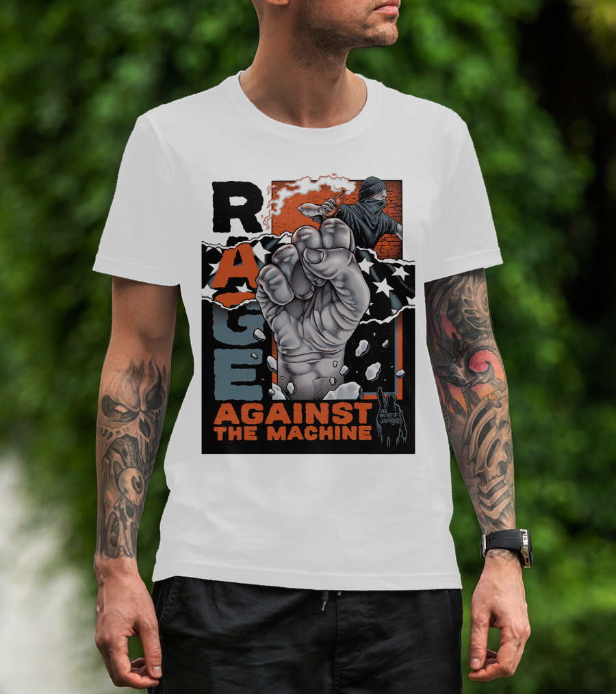 Rage Against The Machine Fist With Star Pattern And Hooded Figure T-Shirt