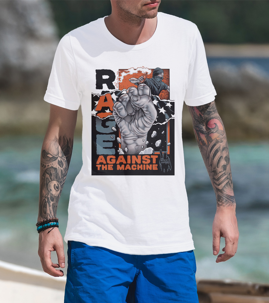 Rage Against The Machine Fist With Star Pattern And Hooded Figure T-Shirt