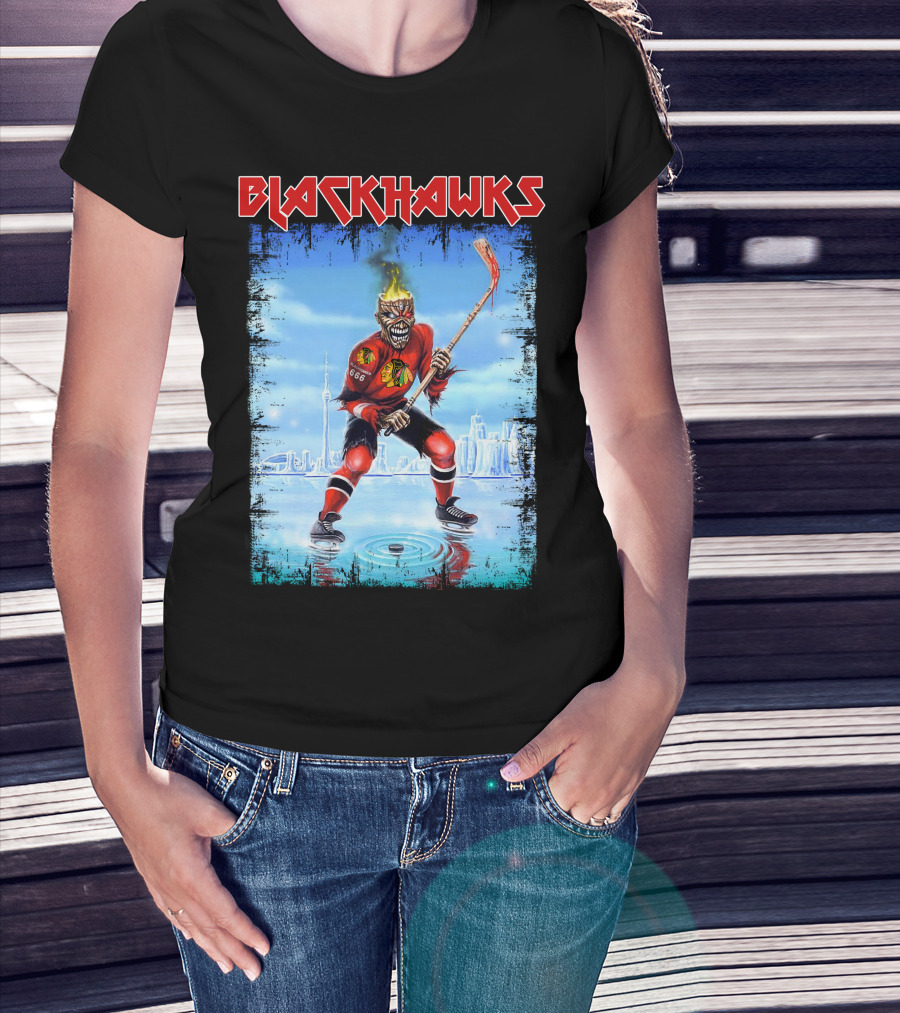 Blackhawks Ice Hockey Skeleton Player With Flaming Head And Hockey Stick T-Shirt
