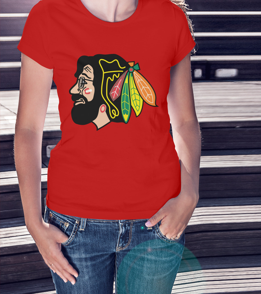 Chicago Blackhawks 1 Portrait With Feathered Headdress On Red T-Shirt