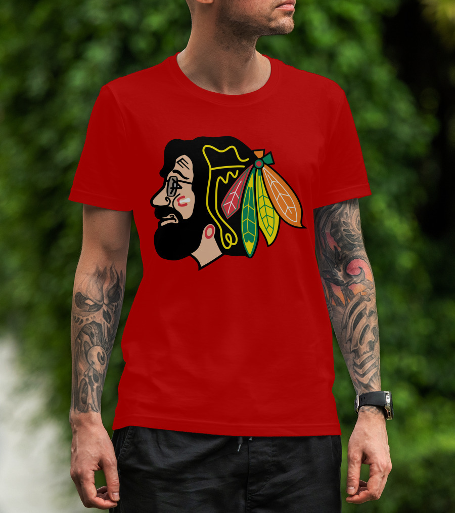 Chicago Blackhawks 1 Portrait With Feathered Headdress On Red T-Shirt