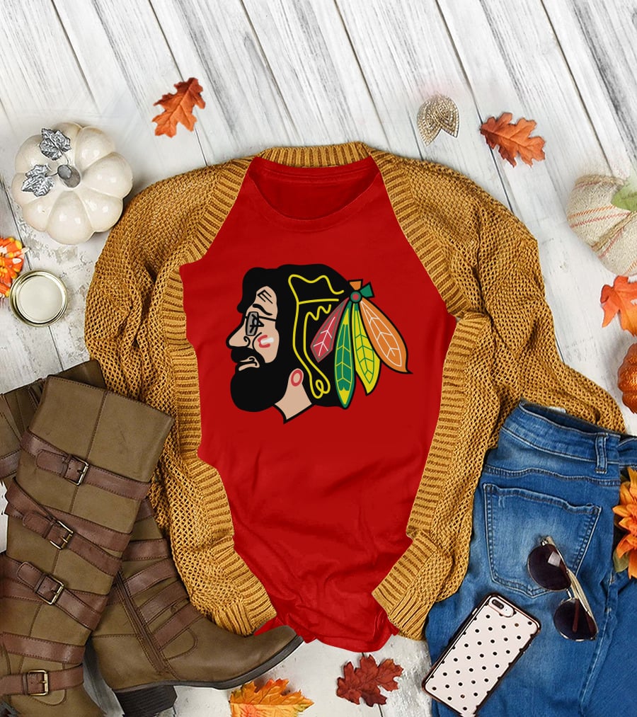 Chicago Blackhawks 1 Portrait With Feathered Headdress On Red T-Shirt