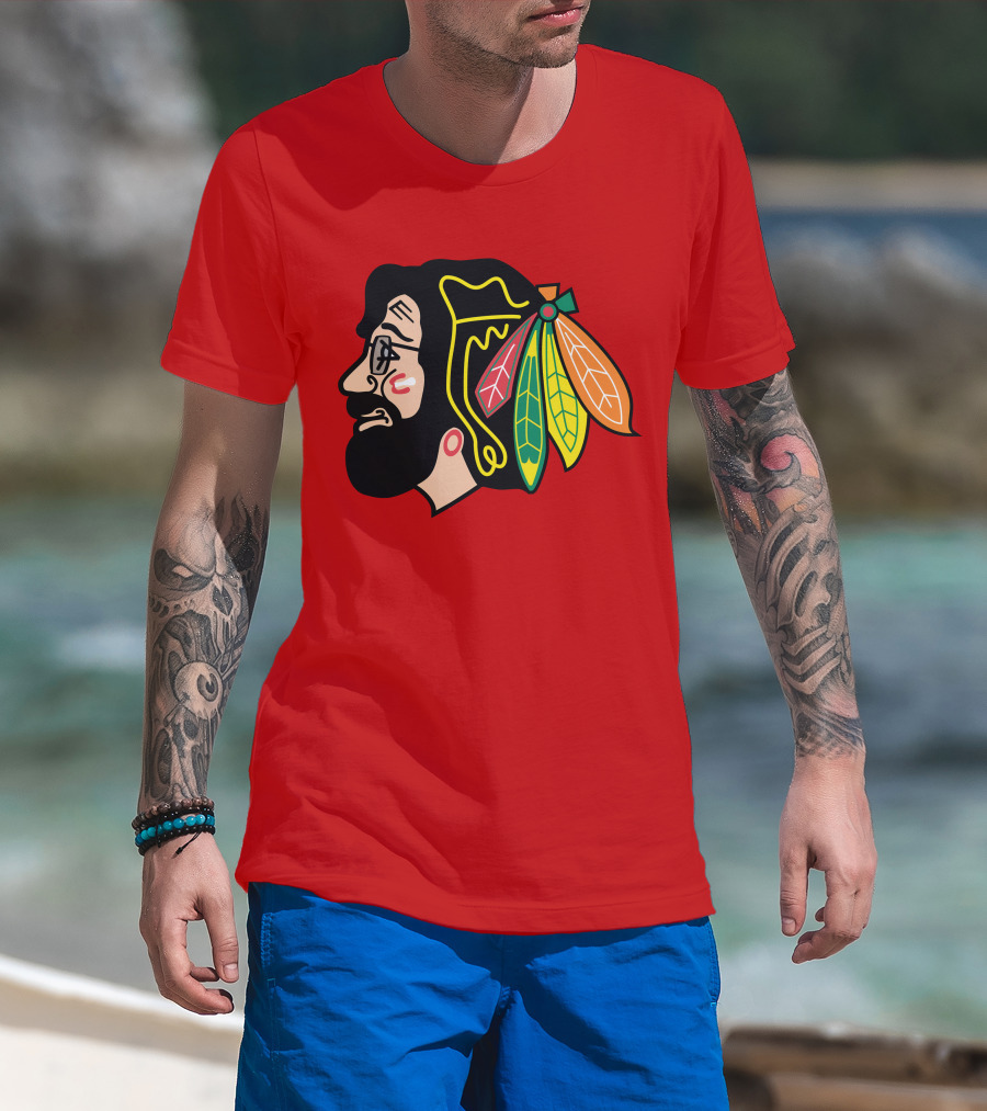 Chicago Blackhawks 1 Portrait With Feathered Headdress On Red T-Shirt