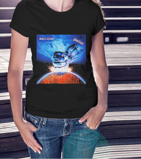 Judas Priest Ram It Down Album Cover Fiery Earth Fist Explosion T-Shirt