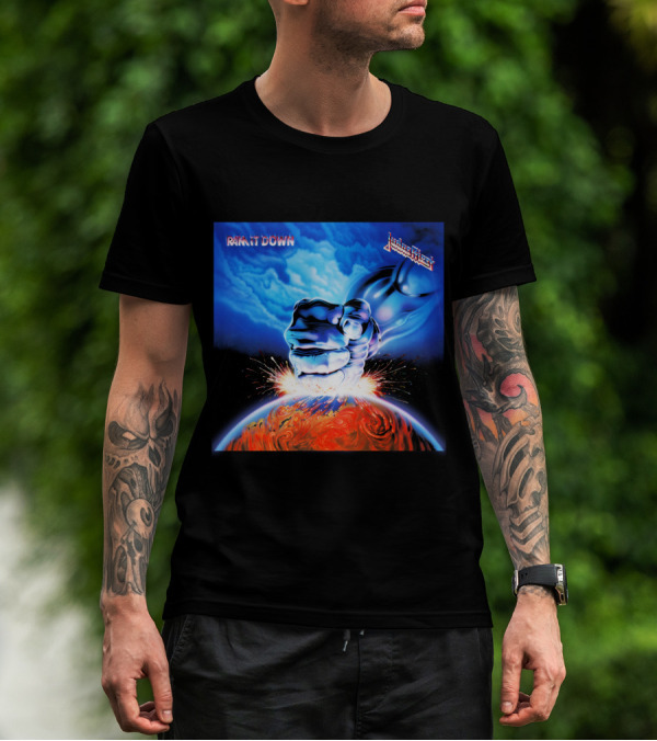 Judas Priest Ram It Down Album Cover Fiery Earth Fist Explosion T-Shirt