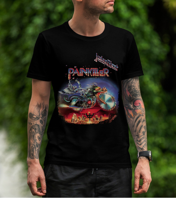 Judas Priest Painkiller Album Cover Art With Metallic Winged Creature And Fiery City Background T-Shirt