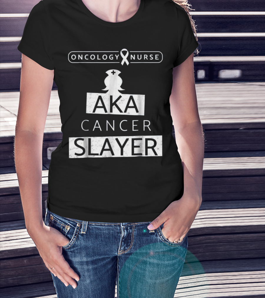 Oncology Nurse Ribbon AKA Cancer Slayer Bold Empowering Text T-Shirt