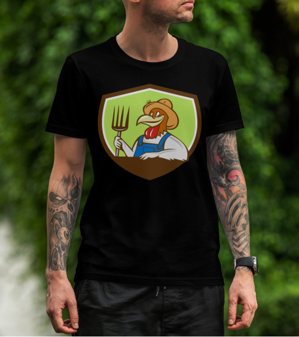 Chicken Farmer Crest With Pitchfork And Hat T-Shirt