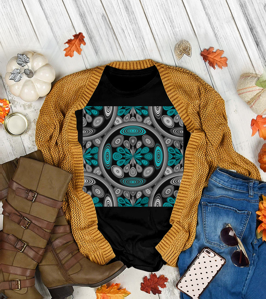 Geometric Arabesque Circular Pattern in Black, White, and Teal Swirls T-Shirt