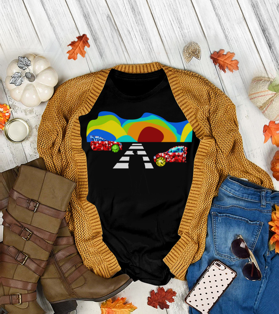 Crossing The Street T Vibrant Roadway Silhouette and Colorful Abstract Cars T-Shirt