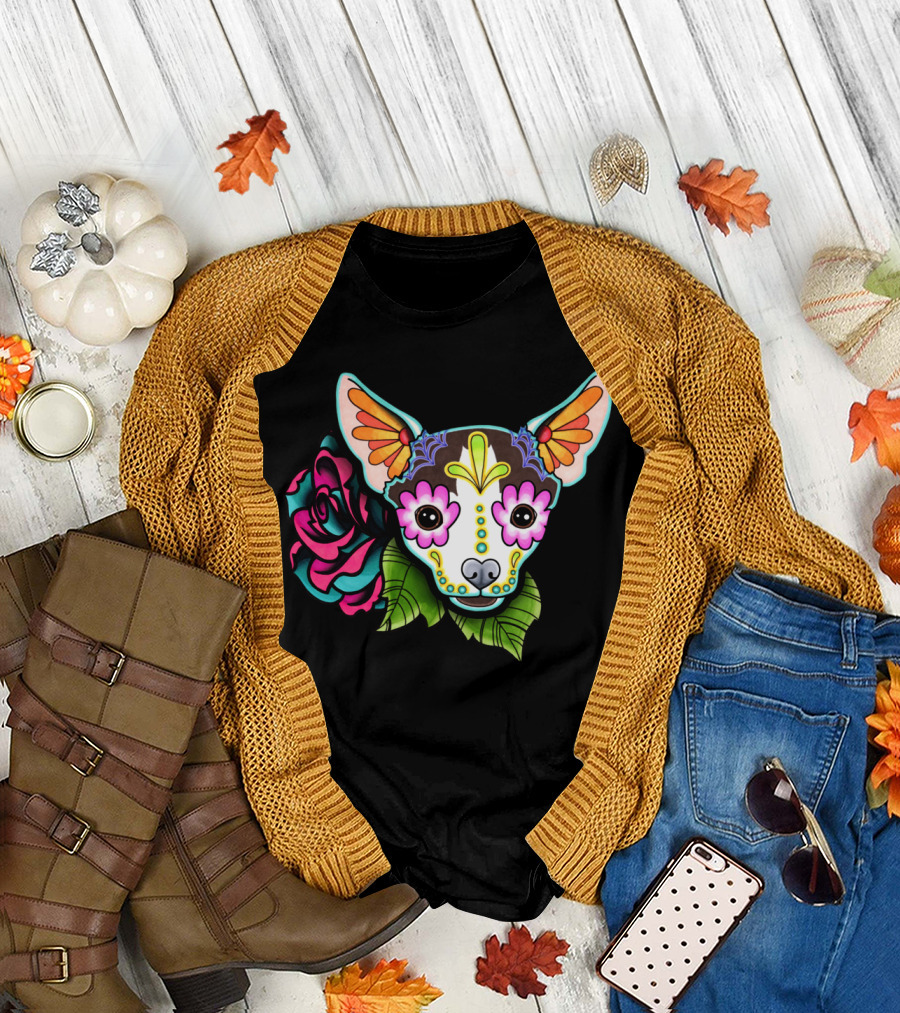 Chihuahua Sugar Skull with Rose Day of the Dead Cadaverous Cow Fiesta T-Shirt