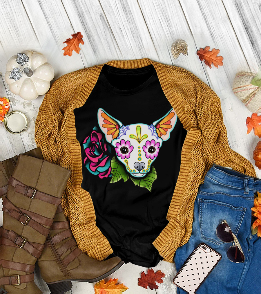 Chihuahua Day of the Dead Sugar Skull with Colorful Flower and Green Leaves T-Shirt
