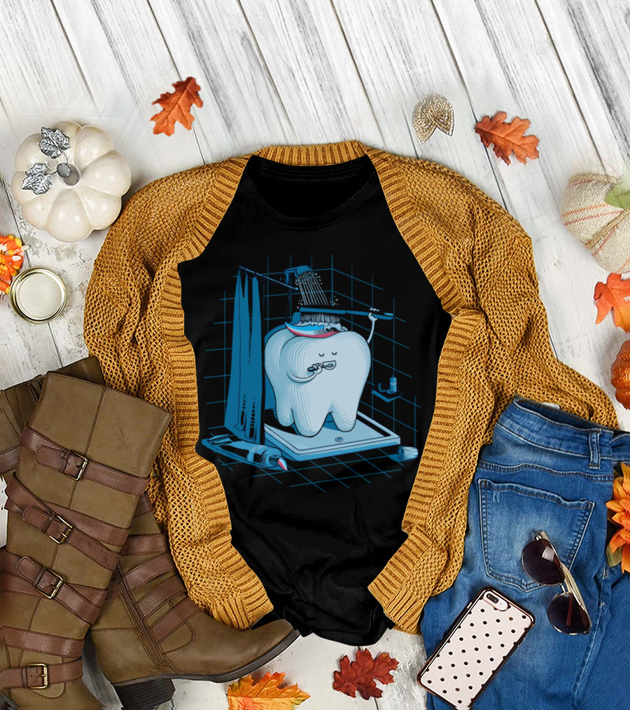 Tooth Showering with Toothbrush in Bathroom Tiled Background T-Shirt