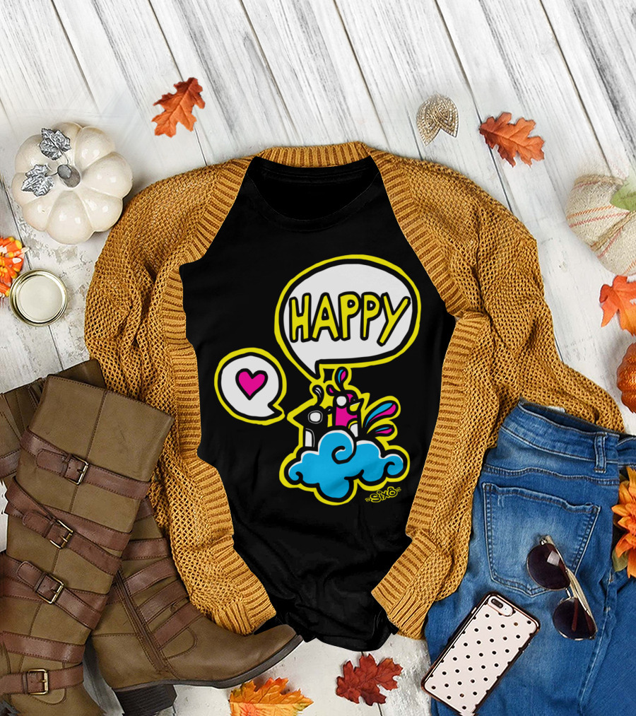HAPPY Heart Speech Bubble on Colorful Character Cloud by SiYo T-Shirt