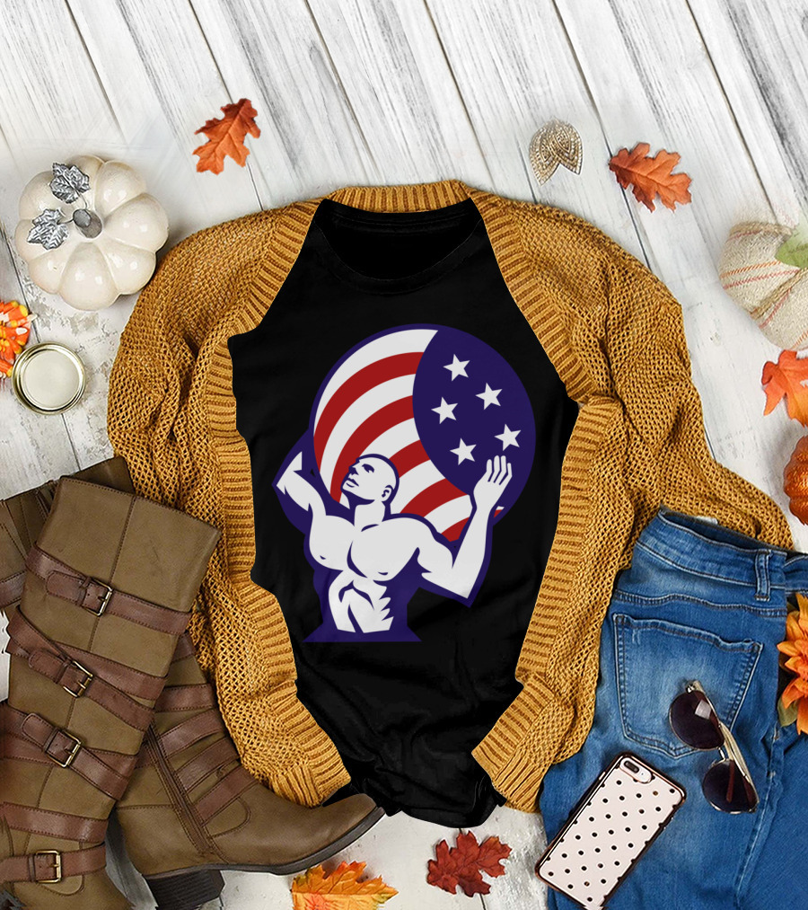Atlas Carrying Globe USA Flag Retro T-Shirt