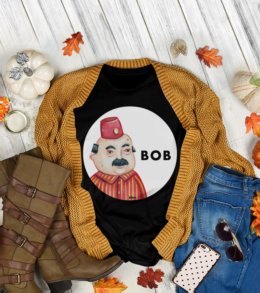 Bob Mustached Character with Red Hat and Striped T-Shirt