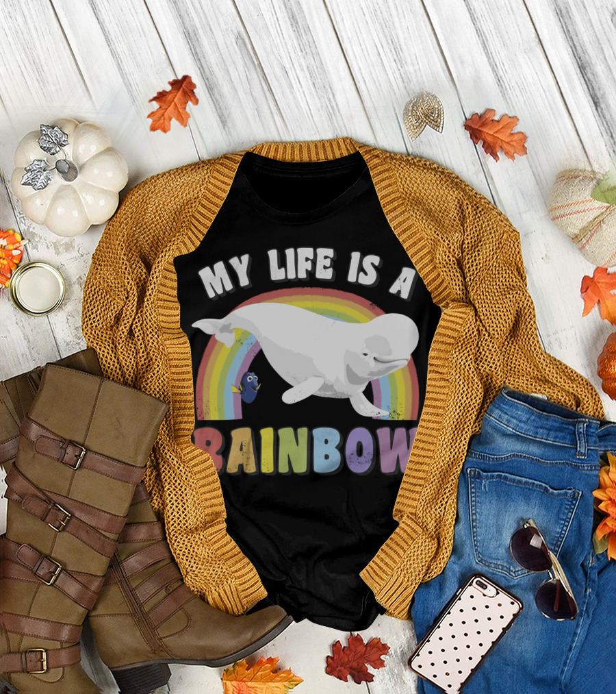 My Life Is A Rainbow Beluga Whale and Blue Fish T-Shirt