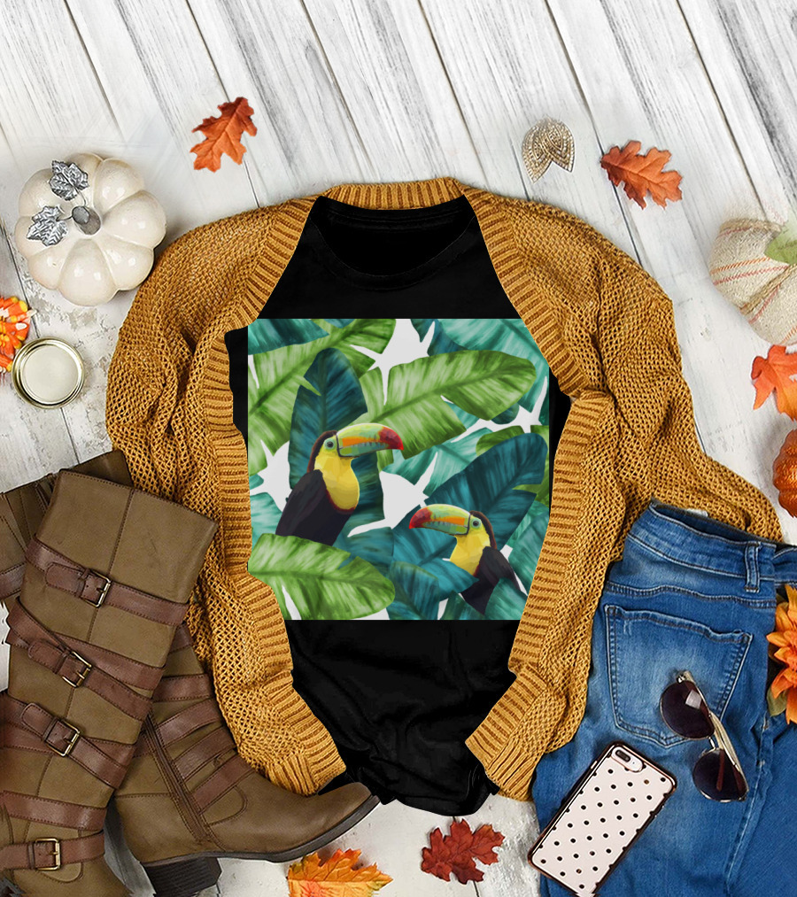 Toucans in Vibrant Tropical Banana Leaves Patter T-Shirt