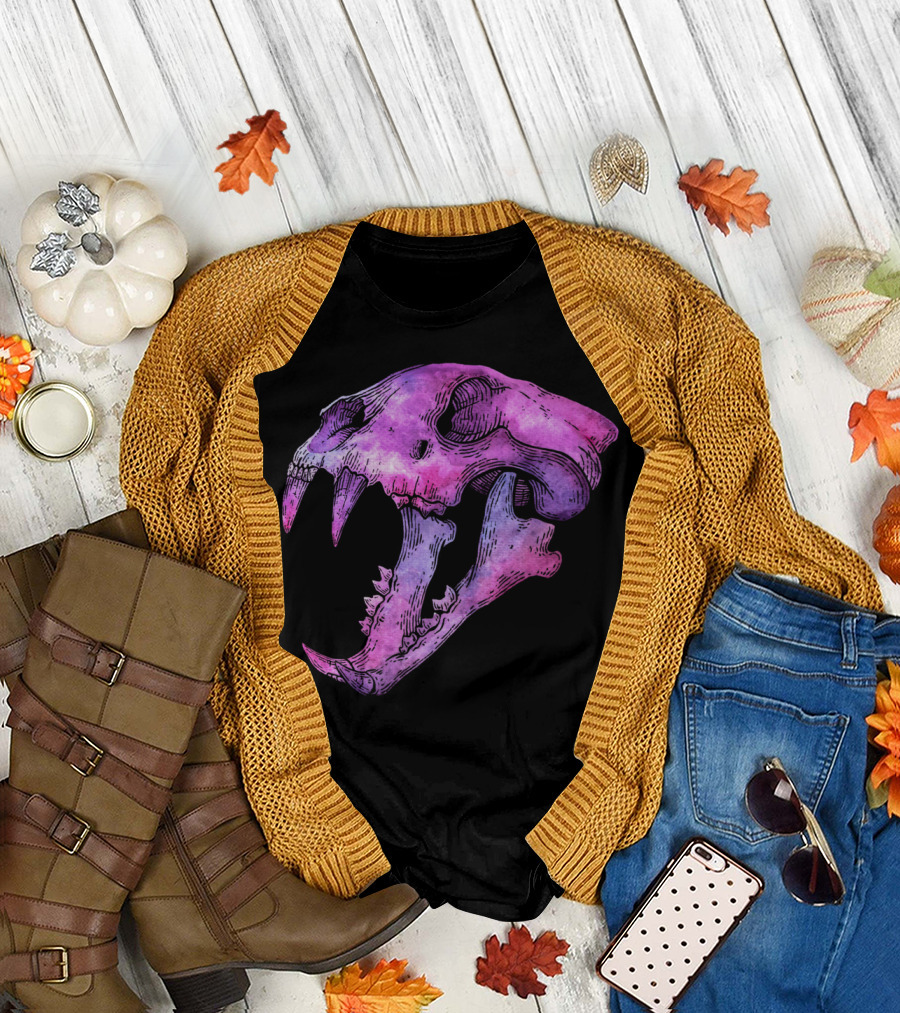 Crystal Tiger Skull in Cosmic Purple and Pink Hues T-Shirt