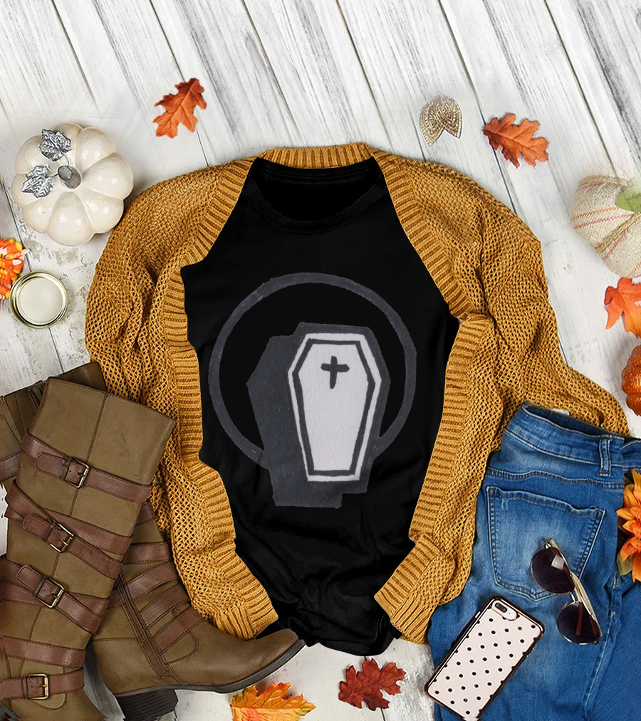 Sacred Coffin with Black and White Cross Symbol in Circle T-Shirt
